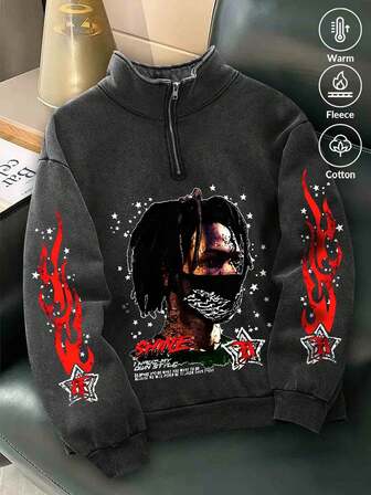 男士休闲复古人像图案拉链立领卫衣，秋季款