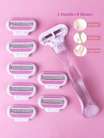 1个手柄+8个刀片套装 8个刀片 12个刀片 女士比基尼手动脱毛工具 3层不锈钢剃须刀片 可替换刀片
