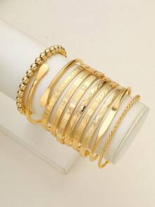 88/56 Simple Fashionable Vintage Metal Geometric Faux Pearl Pendant Necklace Set, Faux Pearl Rhinestone Earring Set, Butterfly Heart Stackable Ring Set, Metal Geometric Bracelet Set, Women Jewelry Set, Suitable For Vacation, Date, Daily, Party, Wedding, Christmas, Valentine's Day - 金黃色 - 查看 8