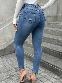 Women's High Waist Stretch Skinny Jeans – Button Fly Casual Denim Pants,  Cropped Pants - 深色水洗藍 - 查看 6