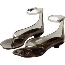 Agodor Jelly Thong Heeled Sandals For Women,Clear Flip Flop Low Kitten Heels For Women Square Open Toe Strappy Summer Casual Beach Adjustable Buckle Dress SandalsChristmas - 黑色 - 查看 12