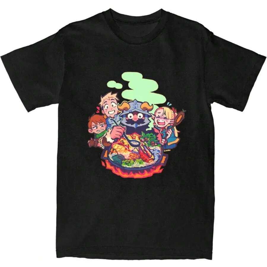 Dungeon Meshi Anime Marcille Laios T Shirt Summer Delicious In Dungeon T Shirts 100% Cotton Tshirt For Men'S Short-Sleeve Tops Casual Men'S Cotton T-Shirt Crew-Neck Top Micro-Stretch Knitted Fabric Regular Fit - màu đen - Xem 1