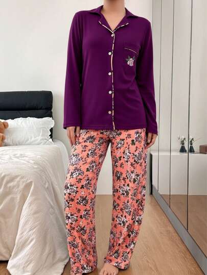 Paars FLOWER Geborduurde Long Sleeve Buttoned Pajama Set view 3