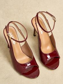 SVRM Women's Round Toe Glossy Patent Leather Metal Buckle Open Toe Fashionable Sandals, Elegant And Sexy For Workplace - Burgundy - View 5