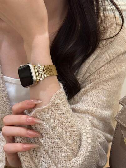 1pc Elegante Goud Bow Tie Magnetic Mesh Stainless Steel Horloge Women Compatible Apple S11/10/9/8/7/6/5/4/3/2/1/Se/Ultra, 46/49/38/40/41/42/44/45mm, Charm view 2