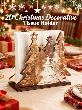 1 pieza Soporte para servilletas de árbol de Navidad - Estilo rústico y moderno de madera gruesa 2D para mesa, dispensador de servilletas fácil de instalar, decoración navideña sin electricidad/sin plumas, regalo de Navidad perfecto