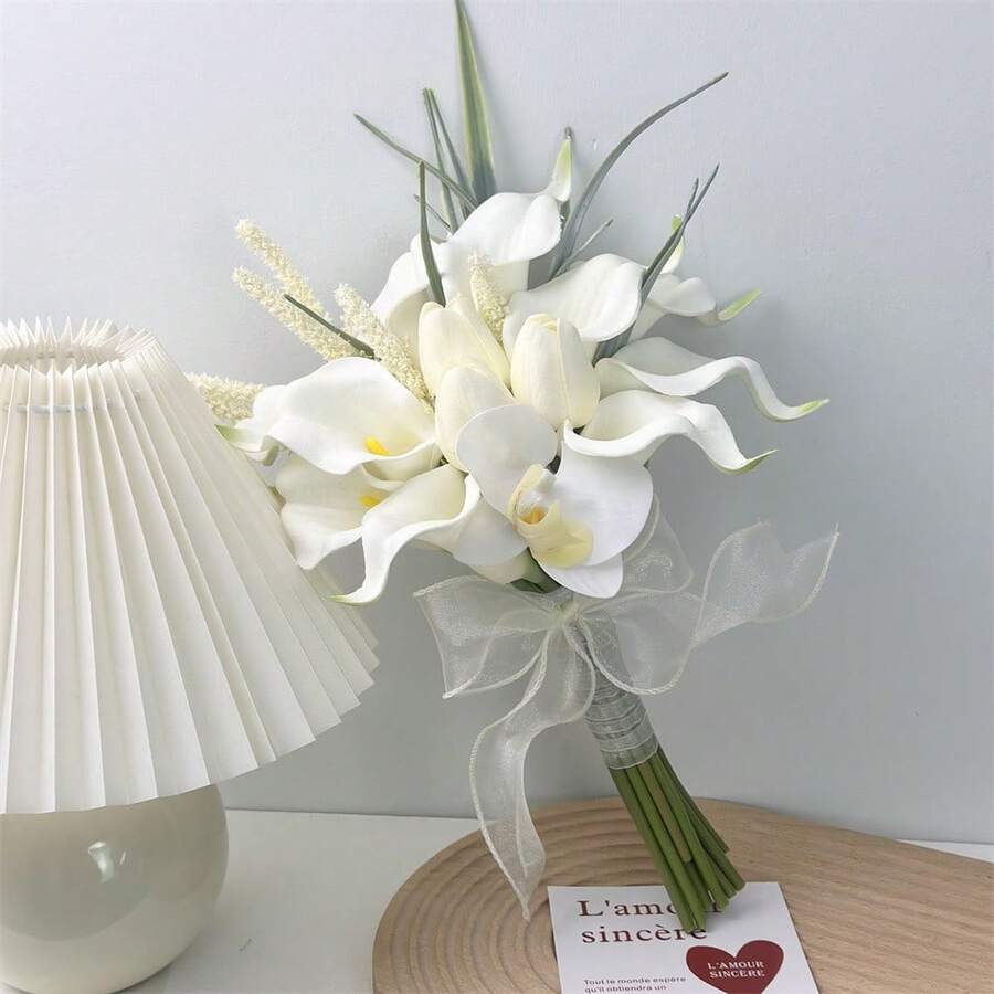 باقات زفاف للعروس والوصيفات، زهور الكلا الليلي البيضاء الاصطناعية باقات العروس للحفل الكنسي وديكور المنزل، أدوات زفاف للصور، ديكورات حفلات الخطوبة والزفاف وعيد الحب - الأبيض أ - مشاهدة 1