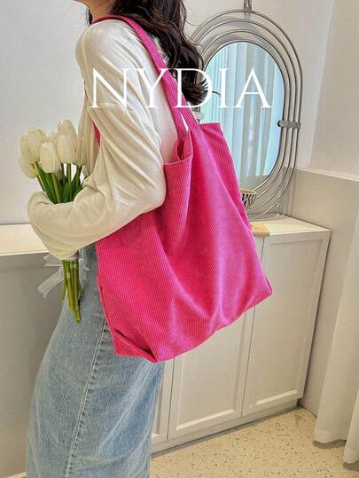 灯芯绒拉链手提包，女士时尚大容量单肩包，休闲购物袋，秋季女装的完美搭配