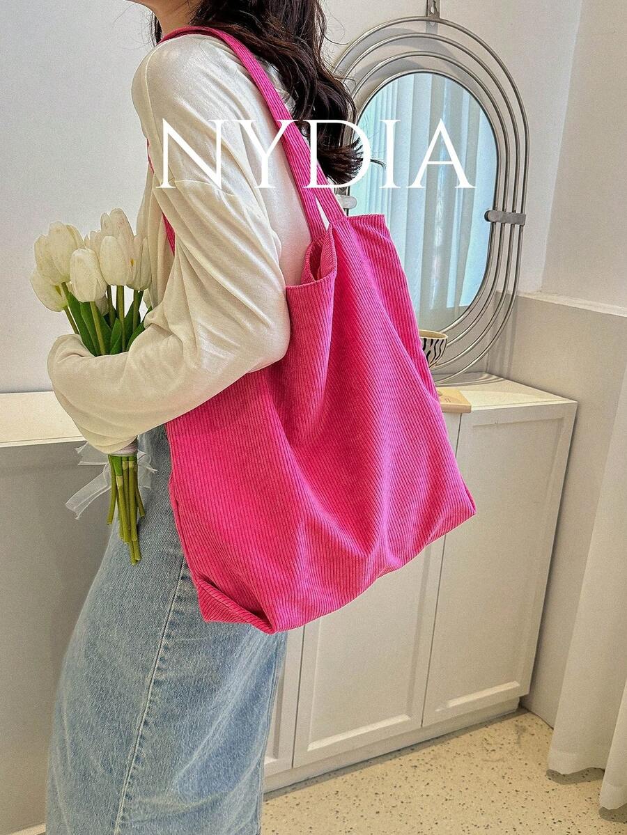 灯芯绒拉链手提包，女士时尚大容量单肩包，休闲购物袋，秋季女装的完美搭配 - 玫紅色 - 查看 1