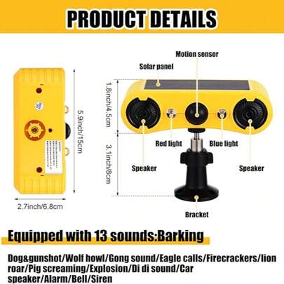 1 Pack Solar Outdoor Motion Sensor Alarm With Animal Deterrent 129db Loud Noisemaker 13 Sound Detector Strobe Light, 4 Mode Dog Barking Alarm Sensor On Ground Or Fence