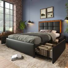 Bed Frame With LED Lighting Strip And 4 Drawers, Single Upholstered Bed 90x200cm, Height-Adjustable Headboard, Functional Bed, PU Black (Without Mattress) - Black - View 11