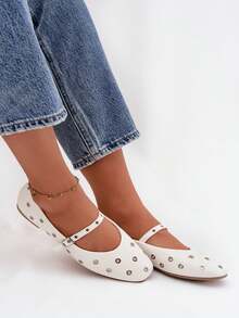 优雅的Marivon女士芭蕾舞鞋，饰有银色装饰，时尚舒适，适合日常穿着，白色米色 - 白色 - 查看 8