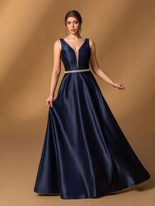 Faeriesty Elegante vestido de la madre de la novia: Escote en V | Sin mangas | Silueta de línea A | Adorno de cintura con rhinestones | Perfecto para bodas, galas formales, cenas de etiqueta, eventos sinfónicos y bailes benéficos