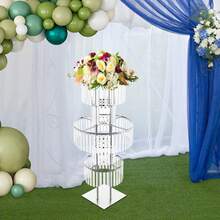 43.3in Tall Wedding Gold Crystal Flower Stand, Square Pedestal Stand, Crystal Flower Rack, Silver Vases Centerpieces Crystal Flower Stand With Hanging Crystals, 5-Tier Square Chandelier Pedestal Stand For Wedding Road Lead T Stage Flower Arrangement Decoration - 銀色 - 查看 3