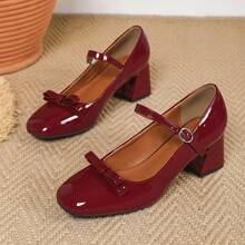 Women's Bow Mary Jane Flats, PU Leather Mary Jane Shoes For All Seasons - Burgundy - View 4