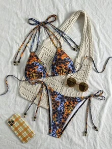 新款沙滩、泳池、派对、度假、时尚、性感、花卉印花、串珠配饰、系绳、挂脖、比基尼、女士分体泳衣 - 彩色 - 查看 2