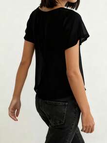 Women's Summer Tie Front Tops Short Sleeve Deep V Neck  Solid Color Sheer T-Shirt - màu đen - Xem 7