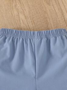 Bộ 2 áo sơ mi tay ngắn in chữ Colorblock và quần short trơn đơn giản thoải mái cho bé trai, mùa hè - Màu xanh bụi bặm - Xem 8