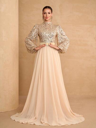 YISIKADO Elegant Women's Long Party Dress, Gold Sequin Bishop Sleeves, Stand Collar Flared Hem