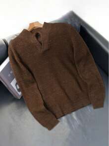 Men's Casual Solid Color Stand Collar Long Sleeve Sweater, Versatile For Autumn/Winter - Brown - View 2