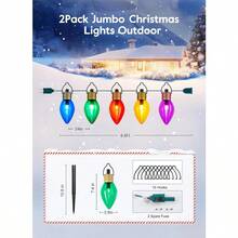 2 Pack Outdoor Christmas Decorations - Jumbo Xmas String Lights Or Pathway Markers - Large Multicolored Bulbs Hanging Lights Waterproof Lawn Decoration For Holiday Home Tree Roof Yard Garden With Durable Weather-Resistant Design And Energy-Efficient LED Lighting For Festive Seasonal Ambiance - 彩色 - 查看 3