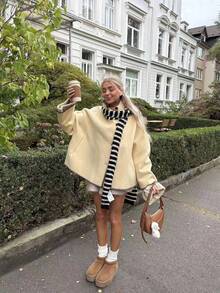 Áo khoác ngoài tay dài rộng cổ cao thêu vỏ sò trơn màu thu đông mới - Màu vàng - Xem 7