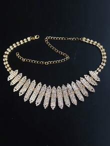 1pc Luxury Women's Full Crystal Rhinestone Fence-Style Multi-Strand Necklace, Romantic Bridal Wedding Party Jewelry Accessory - Gold - View 3