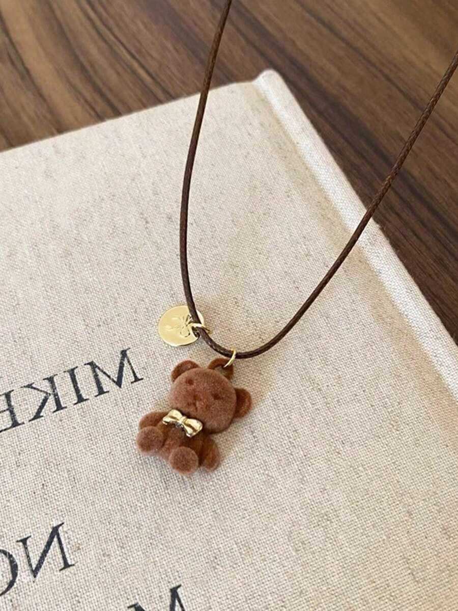 1pc Cute Brown Plush Bear Pendant Necklace, Long Sweatshirt Chain Accessory, Versatile Autumn/Winter New Design (Random Front/Back Metal Disc) - Multicolor - View 1