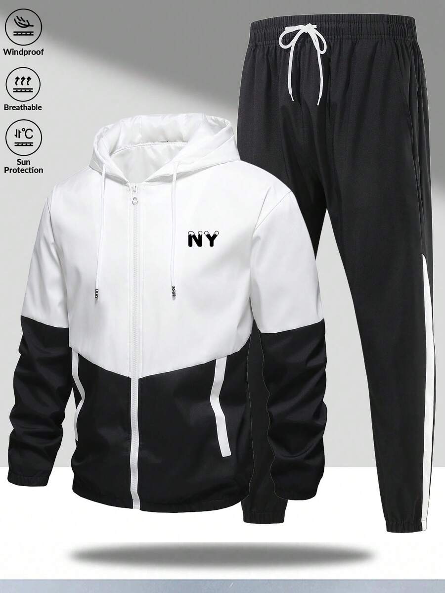 Men's 2 Pieces Soft Comfortable Breathable Running Fitness Sports Casual Jacket And Pants Set, Spring/Autumn - Black - View 1