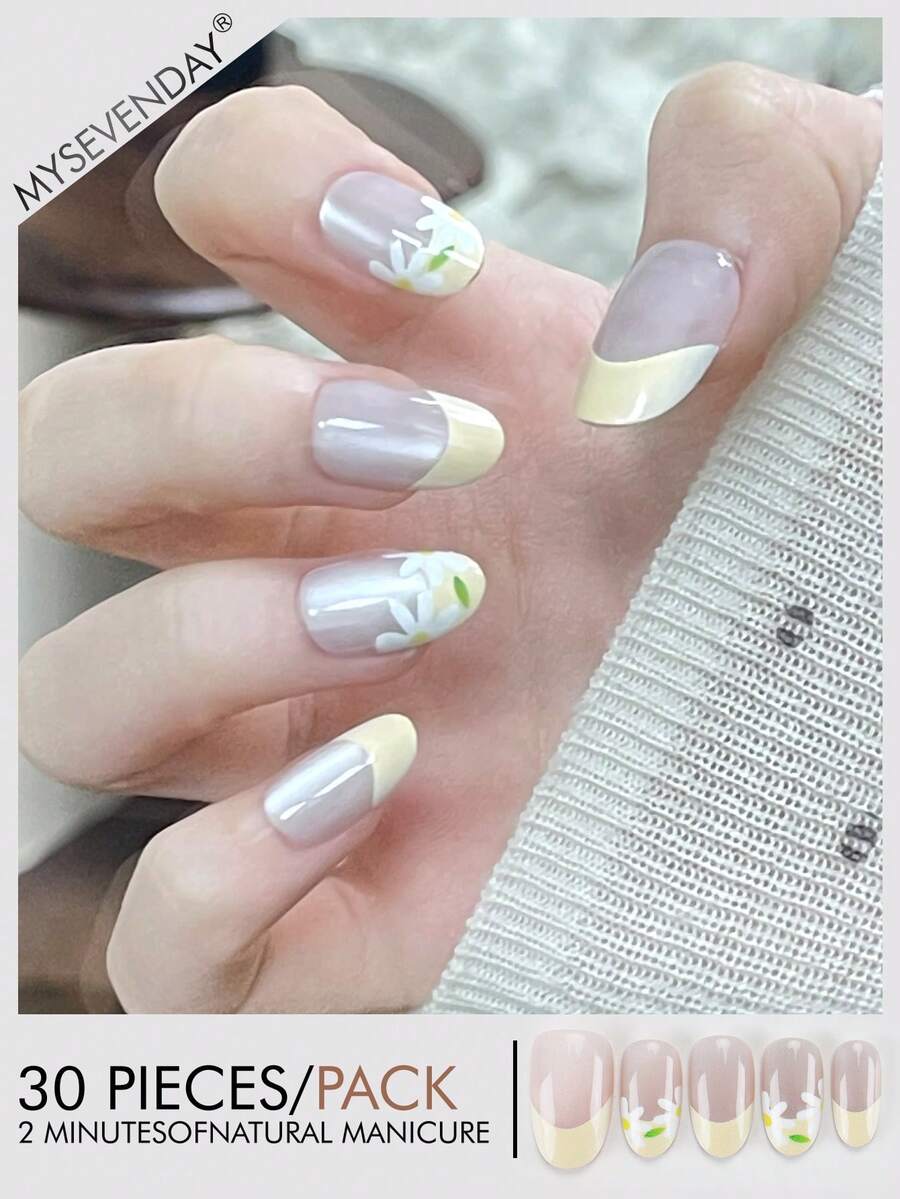 Bộ 30 miếng dán móng tay acrylic hình oval/kiểu Pháp ngắn, họa tiết hoa, vừa vặn hoàn hảo. Bộ dụng cụ làm móng bao gồm 1 lọ sơn gel và 1 dũa móng, phù hợp cho nữ giới sử dụng hàng ngày khi đi làm, học tập và gặp gỡ, cũng thích hợp cho các bữa tiệc, lễ hội và sử dụng hàng ngày vào mùa thu/đông. - Nhiều màu - Xem 1