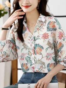 Women's Floral Print Long Sleeve Single-Breasted Casual Shirt, Elegant Ladies Blouse - Multicolor - View 1