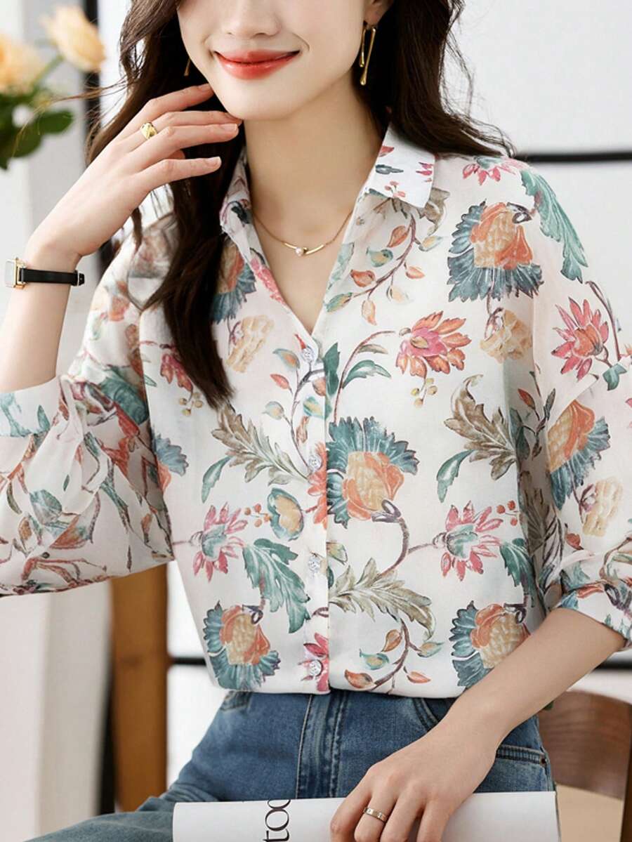 Women's Floral Print Long Sleeve Single-Breasted Casual Shirt, Elegant Ladies Blouse - Multicolor - View 1