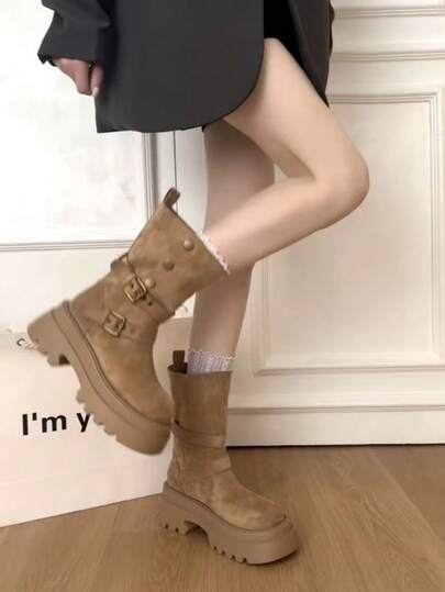 Women's British Style Buckle Motorcycle Boots, Thick Sole Retro Mid-Calf Boots Increase Height Slim Boots, Suede Dual-Wear Boots, Suitable For Commuting And Casual Outfits