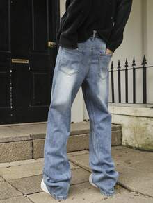 4-Season Men's Stretch Slim Fit Flared Leg Jeans, Y2K American Street Style Denim, Suitable As Gift For Boyfriend/Husband - Blue - View 9