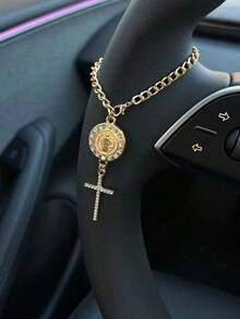 1pc Steering Wheel Decor, 15cm Adjustable Length, Minimalist, Cute, Creative Rosary Beads Car Charm Accessory, Unique Fashion Car Hanging Decoration - 綠色橢圓形盤子 + 水鑽雙十字架 - 查看 4