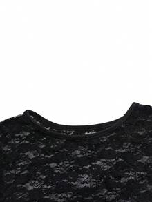 Sexy & Fashionable Round Neck Semi-Sheer Lace Long Sleeve Slit Mini Dress, Suitable For Spring/Summer - Black - View 9