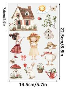 3张春夏田园风农场花卉动物DIY UV DTF转印贴纸，适用于工艺品、手账、玻璃杯、咖啡杯、瓶子、花瓶、笔记本电脑、手机壳、贺卡贴纸、插画、剪贴簿、装饰转印贴纸、家居装饰，6.8厘米 - 彩色 - 查看 4