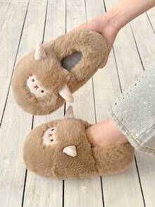 XIXITIAO 1 Pair Soft Plush Sheep Design Slippers, Warm Thick Slip-On Flat Indoor Shoes For Couples, Suitable For Home, Party Wear, Winter - Brown - View 5