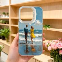 Cubierta de teléfono con diseño de pareja caminando en la playa azul con impresión artística y texto CASETTO para uso diario y ocasiones románticas Aplicable a los teléfonos de la serie Apple y Galaxy - Negro - Ver 5