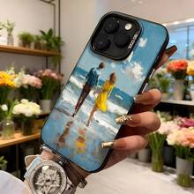 Cubierta de teléfono con diseño de pareja caminando en la playa azul con impresión artística y texto CASETTO para uso diario y ocasiones románticas Aplicable a los teléfonos de la serie Apple y Galaxy - Negro - Ver 6