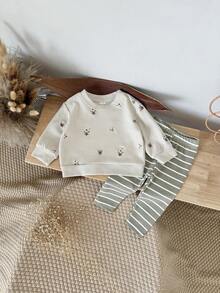 2件套女婴花卉刺绣长袖套头衫+弹力条纹裤，春秋季 - 杏色 - 查看 5