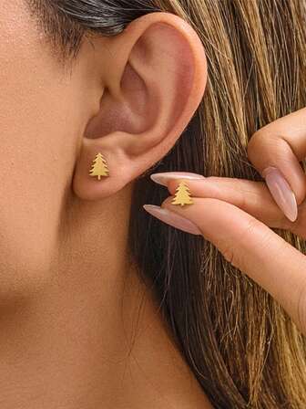 一对简约金色圣诞树耳环，冬季耳环配饰，圣诞节/新年情侣礼物（女士款）