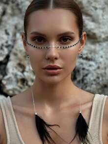 1pc Boho Gold Black Beaded Face Chain Jewelry With Black Tassel Feather Festival Party Nose Chain Face Jewelry Halloween Gifts - Multicolor - View 9