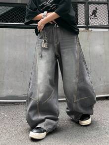 1pc Men's Distressed Vintage Wash Loose Fit Patchwork Design Straight Leg Jeans (Belt And Accessories Not Included) - Grey - View 6