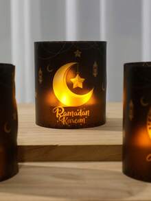 6/12个装斋月黑金灯笼灯罩，PVC材质，月亮和星星图案，开斋节灯笼桌饰，灯罩（不含蜡烛和灯串），伊斯兰斋月派对桌饰，斋月派对用品，斋月吉祥装饰，斋月家居装饰，开斋节吉祥装饰，宰牲节礼物 - 黑金 - 查看 9