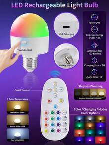 1/2pcs Rechargeable Smart LED Bulb, E26/E27 Base, Dimmable Color Temperature, Remote Control, USB Rechargeable, Suitable For Living Room, Bedroom, Pendant Light, Garden, Porch And Commercial Lighting - Multicolor - View 3