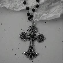 Gothic Bat Cross Dark Pendant Necklace Set, Y2K Personalized Thorn Love Black Bead Stacked Necklace Set, Suitable As Halloween G - Black - View 7