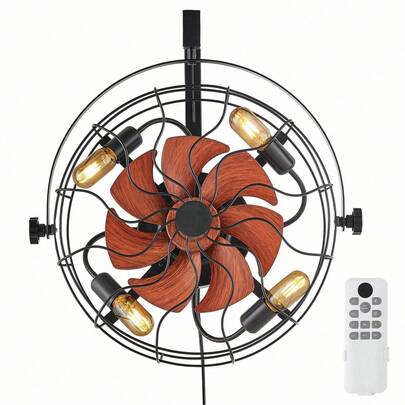 Wall Mounted Fan With Lights, 21 Inch Wall Mount Fan With Remote, 6 Speeds Plug In Wall Fan, Timer, 360°Adjustable Tilt For Bedroom,Garage,Workshop (Compatible 4 E26 Bulb Sockets,No Bulb)