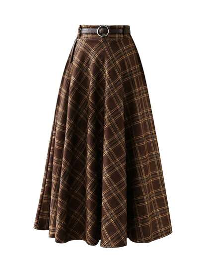 EARO Plus Size Brown Plaid Skirt, Fashionable, Minimalist, Elegant, Versatile, Loose And Slimming