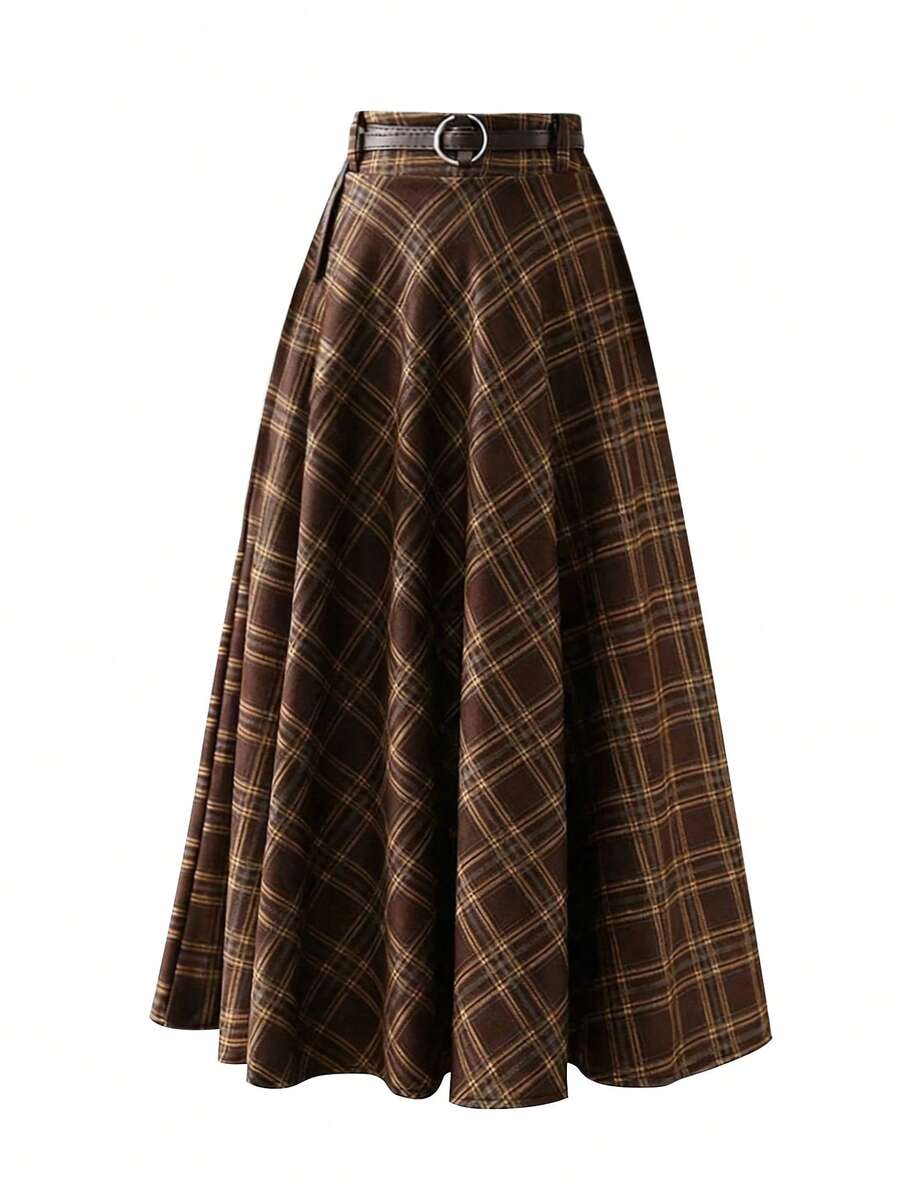 EARO Plus Size Brown Plaid Skirt, Fashionable, Minimalist, Elegant, Versatile, Loose And Slimming